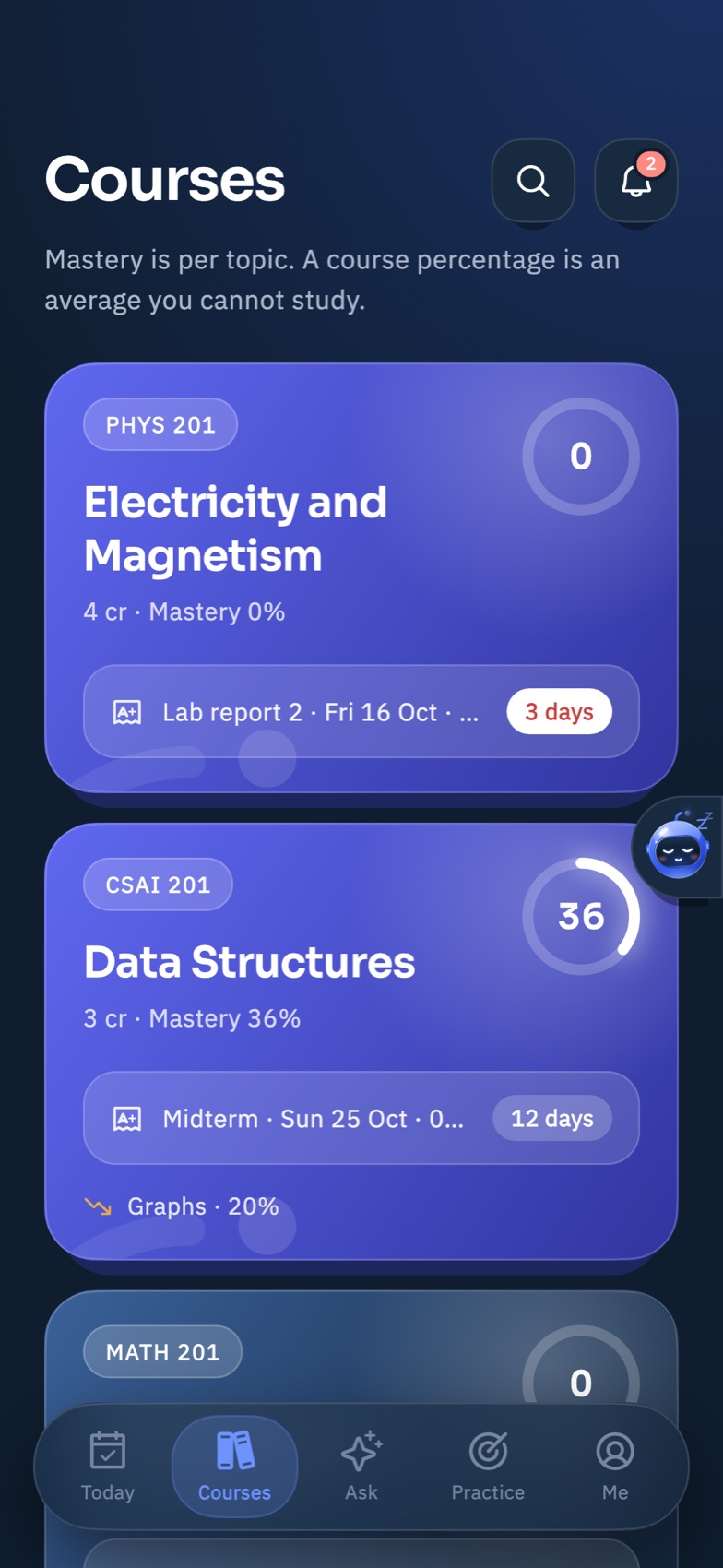 MADA's Courses screen: each course with its mastery and its next deadline