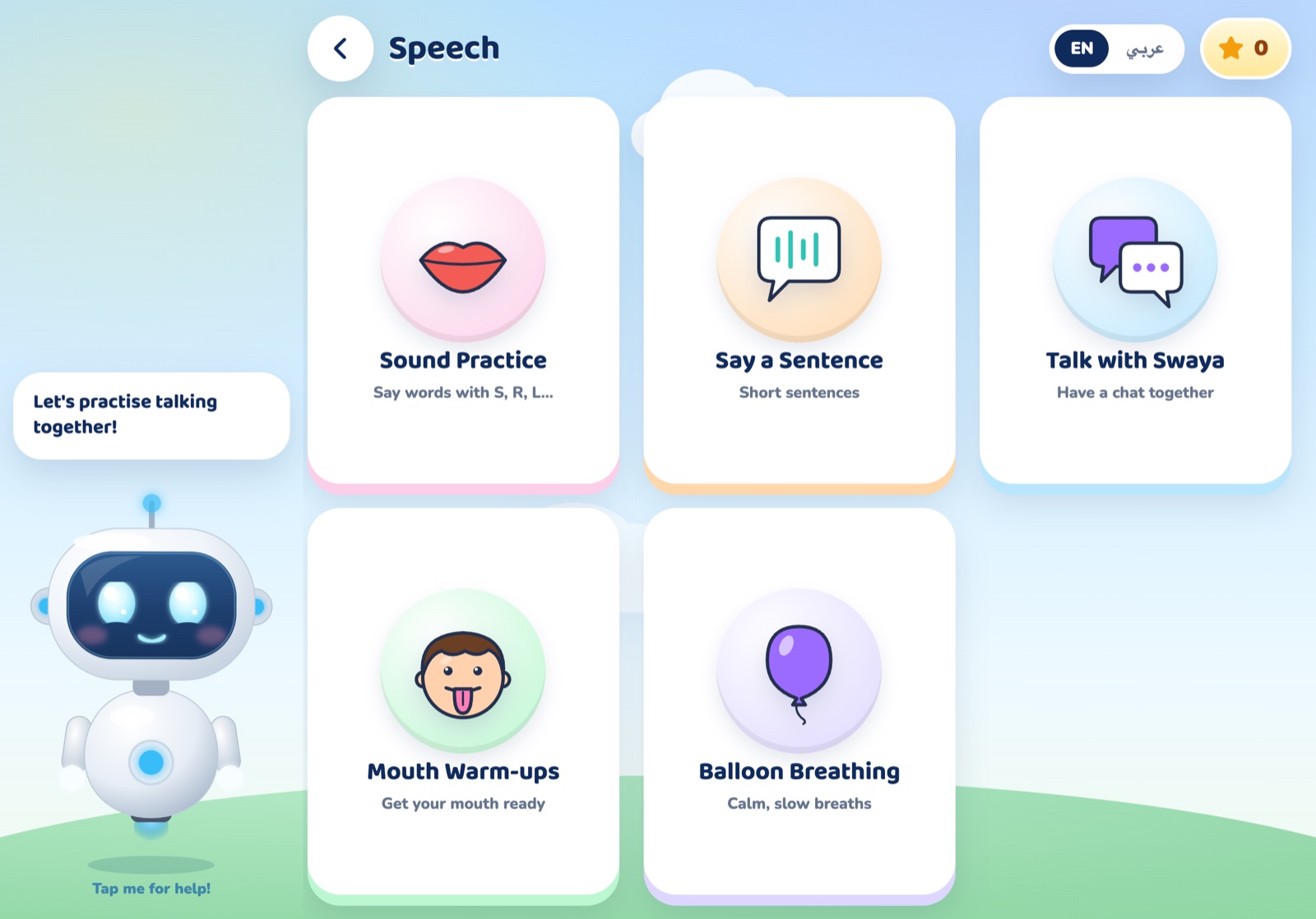 Swaya's speech screen: sound practice, saying a sentence, talking with Swaya, mouth warm-ups and balloon breathing